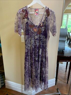 Johnny Was Purple Paisley Lace Maxi Dress with Floral Embroidery